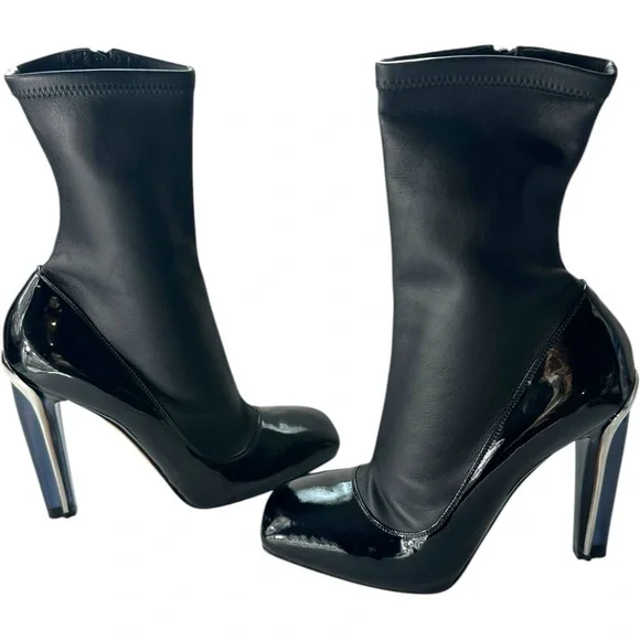 Alexander Mcqueen Boot Stretch Leather Black Patent Midcalf Booties Boots 37 - Picture 2 of 11